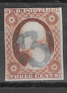 US # 10A  3c Washington, orange brown type ll numeral cancel (U)  CV $200.00