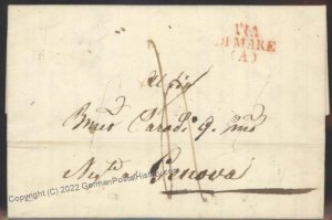 Italy 1837 Tunis Genoa Ship Mail Disinfected Cholera Via di Mare Cover 107111