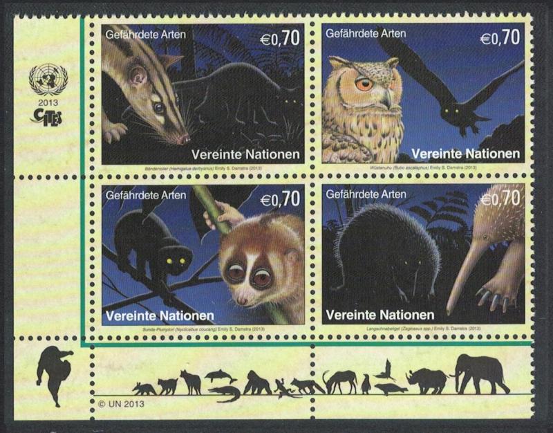 UN Vienna Owls Night Animals Block of 4v SC#534-537 MI#793-796