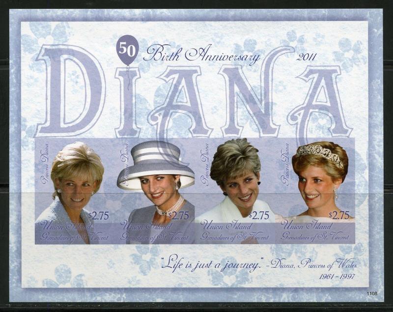 UNION ISLAND  PRINCESS DIANA 50th BIRTH   IMPERFORATE  SHEET  MINT NH