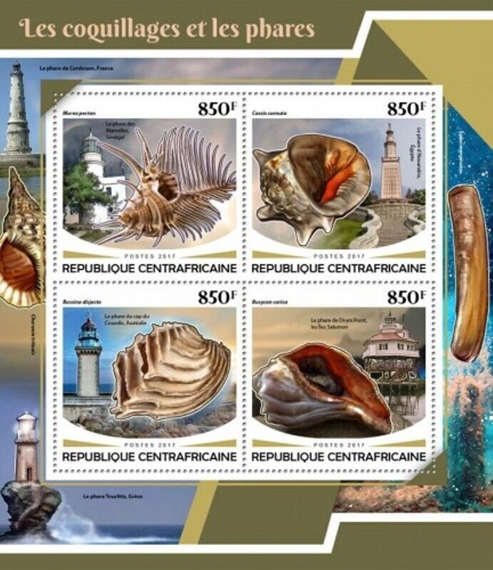 Central Africa - 2017 Lighthouses & Shells - 4 Stamp Sheet - CA17704a