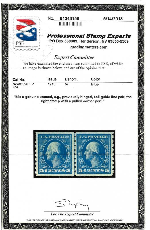 396 Mint,OG,XLH... Line Pair... PSE Certicate... SCV $425.00... XF