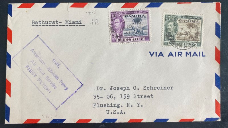 1941 Bathurst Gambia Airmail First Flight Cover FFC To Flushing nY Usa 