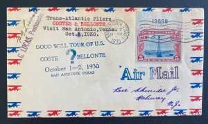 1930 San Antonio TX USA Airmail cover Welcomes Coste & Bellonte Postmaster Sign