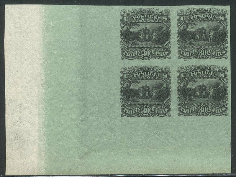 U.S. #121-E1p SCARCE BLOCK - 1869 30c Black on Green, Essay