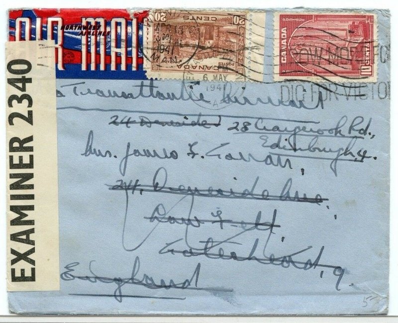 Air Mail Ettiquette label TransAtlantic 30c rate to England 1941 cover Canada