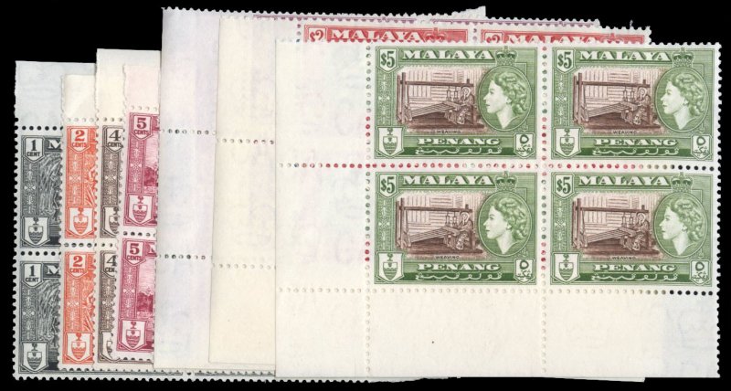 Malayan States - Penang #45-55 Cat$261.40, 1957 1c-$5, complete set in blocks...