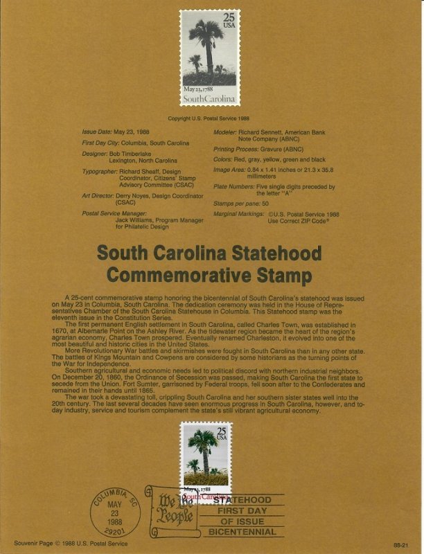 US SP807 South Carolina Statehood Souvenir Page #2343