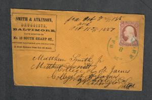 US Sc#25a Adv Cover Smith+Atkinson Druggists Baltimore 1857