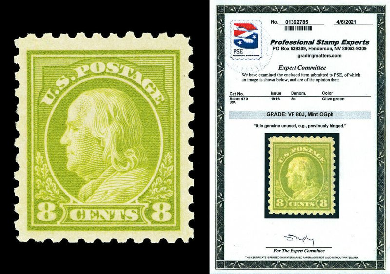 Scott 470 1916 8c Olive Green Franklin Perf 10 Mint Graded VF 80J LH w/ PSE CERT