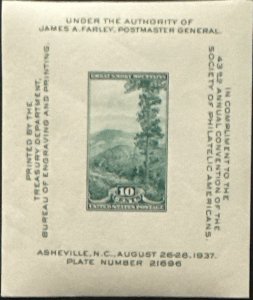 Scott #797 1937 10¢ Society of Philatelic Americans souvenir sheet MNH OG