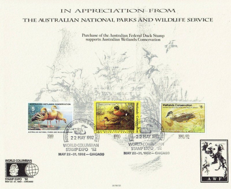 Australia Parks Wildlife Appreciation Souvenir Card Duck Stamps WCSE '92 Cancel