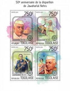 Togo - 2014 Nehru 50th Anniversary - 4 Stamp Sheet - 20H-878