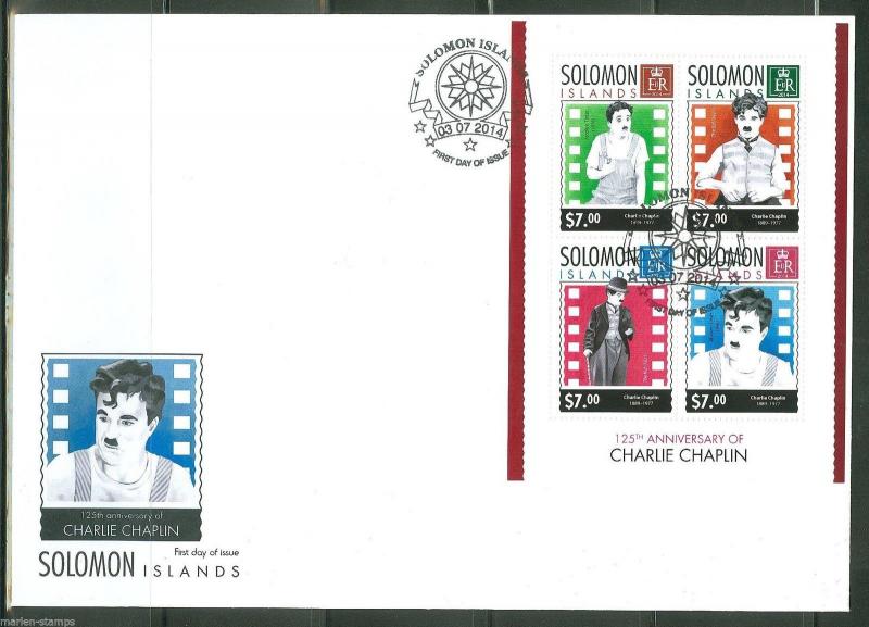 SOLOMON ISLANDS 125th BIRTH ANNIVERSARY OF CHARLIE CHAPLIN SHEET FIRST DAY COVER