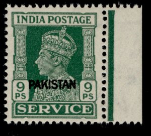 PAKISTAN GVI SG O3, 9p green, NH MINT.