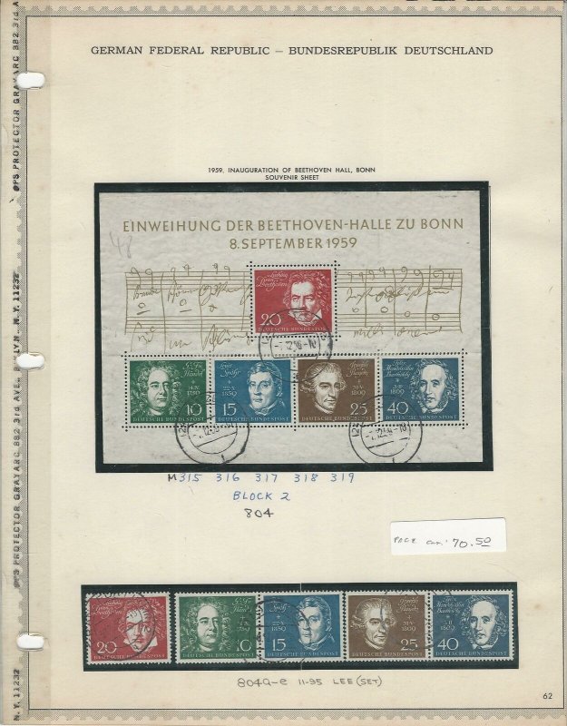 Germany Stamp Collection 1959 on Minkus Pages, #804 Beethoven, DKZ