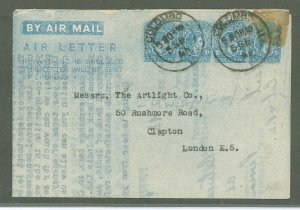 Ceylon  1946 Aerogramme 10c x 4 Blue color - one of three recorded