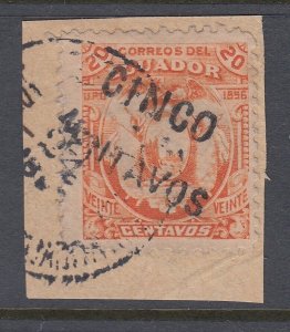 Ecuador 1896 5c on 20c Orange Used On Piece. Scott 74