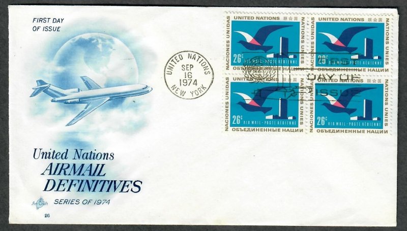 United Nations New York C21 Bird in Flight unaddressed ArtCraft block of 4 FDC