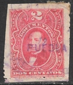 MEXICO REVENUES 1888-89 2c Juarez DOCUMENTARY TAX PUEBLA Control Used DO145