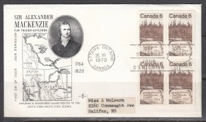 Canada Scott 516 Blk 4 Rose Craft FDC - Sir Alexander MacKenzie