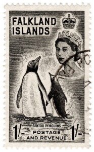 (I.B) Falkland Islands Postal : 1/- Black (SG 192) Gentoo Penguins