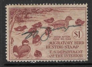 US #RW8 1941 $1 Federal Duck Stamp (U) brown carmine  CV$50.00