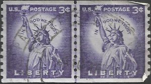 # 1057s WET PRINT SMALL HOLES USED LINE PAIR STATUE OF LIBERTY    