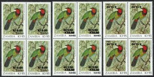 ZAMBIA 1989 BIRD K15 ON K1.95 ERROR BLOCKS DOUBLE INVERTED AND SHIFTED MNH **