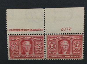 MOMEN: US #324 IMPRINT PLATE PAIR MINT OG NH POST OFFICE FRESH #29467