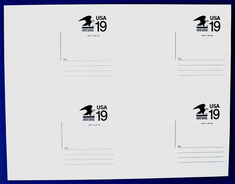 1991 US Sc. #CVUX2 Postal Buddy sheet of 4, unused, unsevered, very good shape