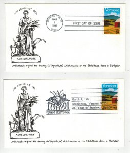 1991 VERMONT BICENTENNIAL 2533 Whit's Covers SET OF 2 & BENNINGTON PICTORIAL FDC