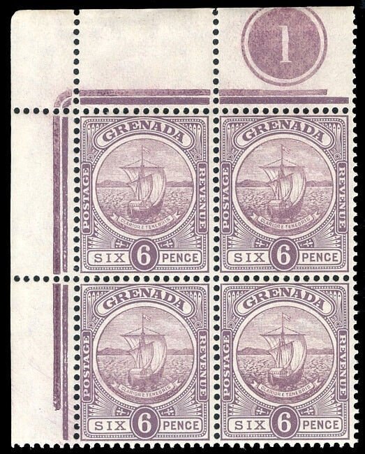 Grenada 1908 6d dull purple & purple NW corner PLATE 1 block of four MNH. SG 85.