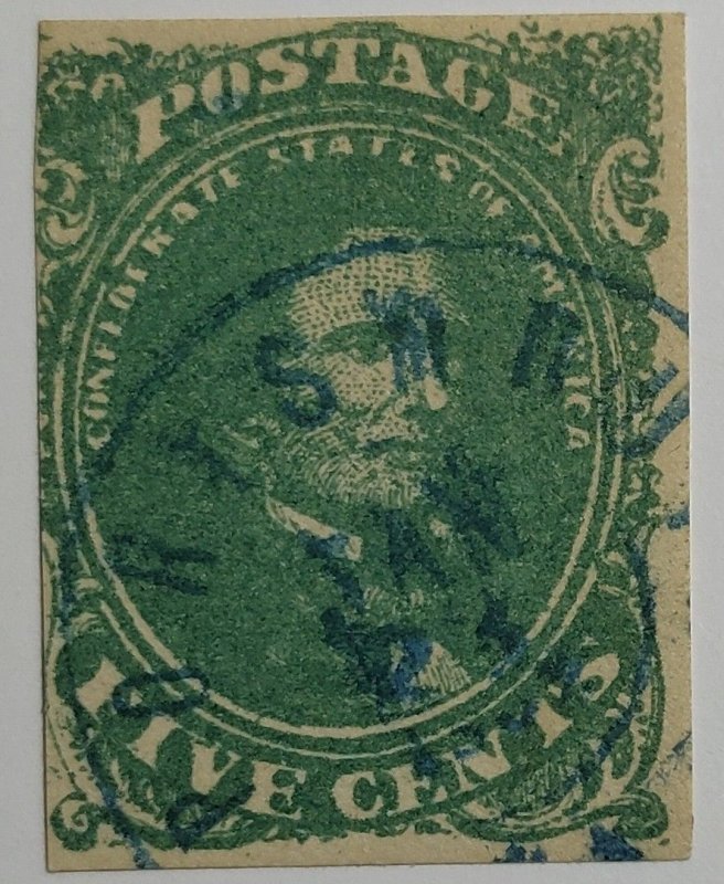 Scott Stamp# CSA 1b-1861 5¢ Confederate States. Vivid Dark Green. SCV $250.00