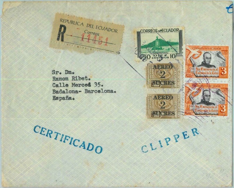 95527 -  ECUADOR - POSTAL HISTORY - REGISTERED COVER to Spain 1950's BIRDS Dove