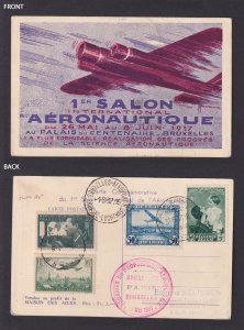 BELGIUM 1937, Air Mail Postcard 1st Salon Aviation, Belgian and French Stamps