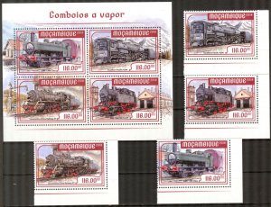 Mozambique 2018 Steam Trains Locomotives set + S/S MNH