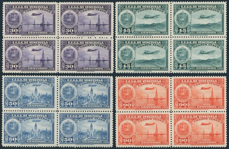 Venezuela C88,C91,C92,C96 bl./4,MNH. Air Post 1939.Oil Wells,La Guaira,Pantheon.