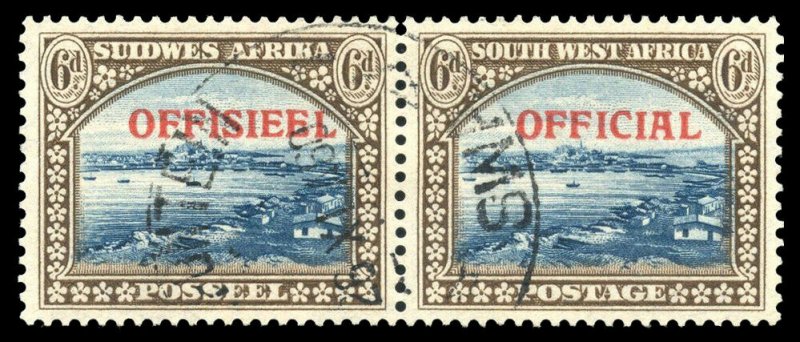 S.W.A. 1945 KGVI Official 6d blue & brown bilingual pair VFU. SG O22. Sc O22.