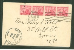 US 736 1934 3c Maryland settlement tercentenary (strip of four) on an addressed uncacheted first day cover with a St. Marys City