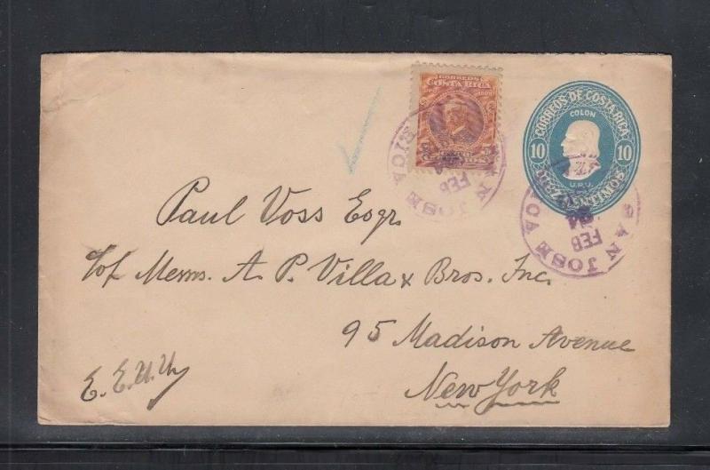 Costa Rica Postal Stationery Envelope San Jose to New York City USA 1919