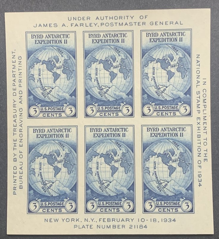 #735 – 1934 3c Byrd Antarctic Expedition, souvenir sheet.  MNH.