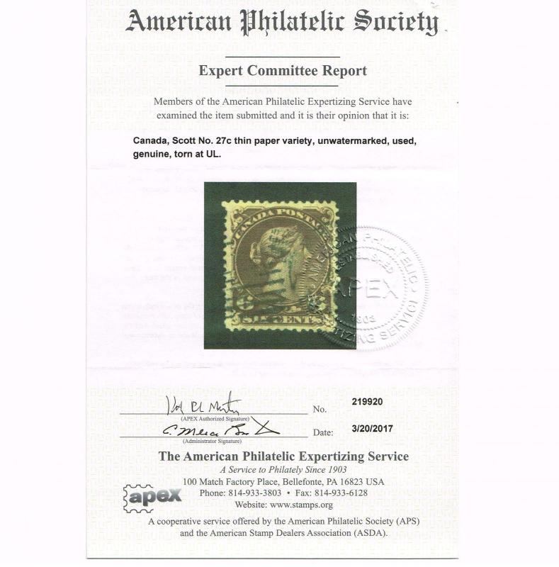 GENUINE CANADA SCOTT #27c APS CERT THIN PAPER DARK BROWN  - ESTATE CLOSEOUT.