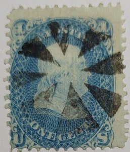 Scott Stamp 92 - Used 1867 Franklin, Blue. F Grill.  Sound.  SCV $425.00