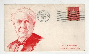 1929 THOMAS EDISON #654 VINTAGE POSTCARD FIRST DAY ISSUE ROESSLER Menlo Park NJ