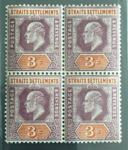 Malaya 1902 Straits Settlements KEVII 3c Block of 4V MNH wmk CA SG#111 M1918