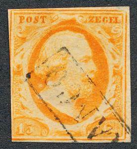 NETHERLANDS 3 USED, F-VF 15c ORANGE YELLOW, 3 MARGIN