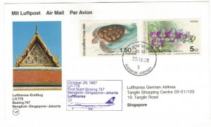 Thailand 1987 Cover Stamps First Flight Bangkok Singapore Lufthansa