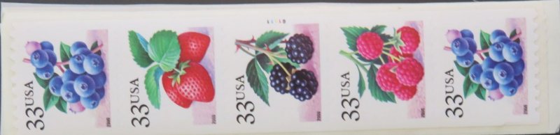 3407a 33c Fruit Berries, Horizontal Coil, PNC Strip of 5