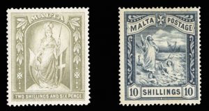 Malta #17-18 Cat$153.50, 1899 2sh6p and 10sh, hinged